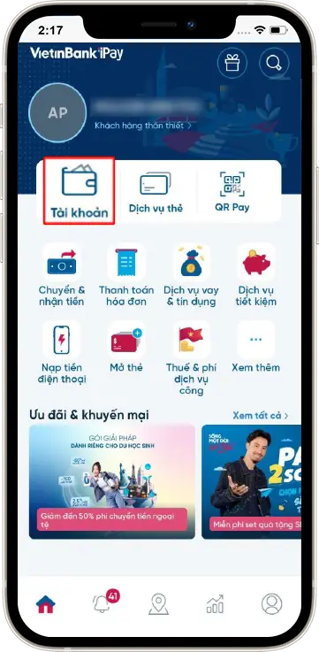 Bước 1: Tại giao diện chính » Ấn Tài khoản
